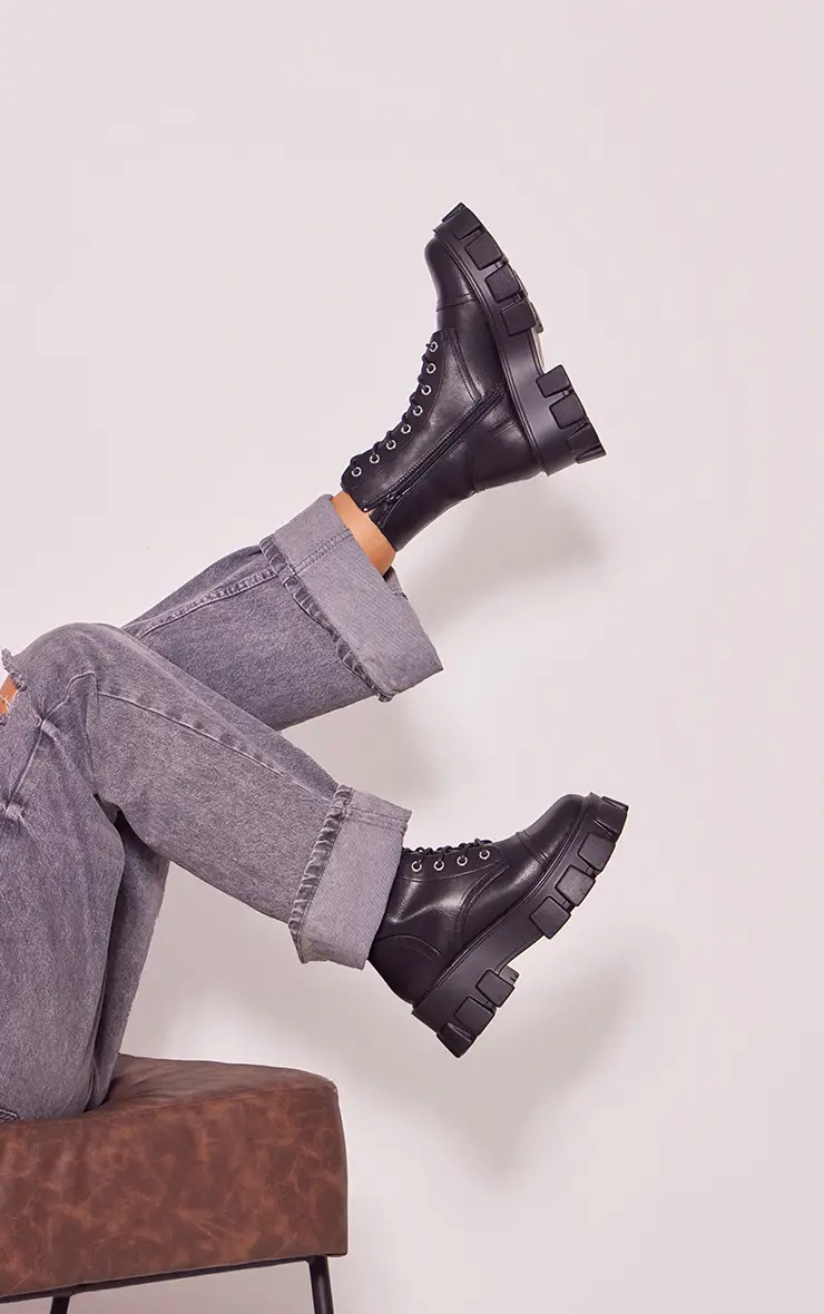 Black Lace Up Extreme Cleated Sole Hiker Boots | PrettyLittleThing US