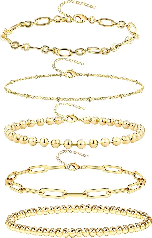 14K Gold Chain Bracelets Set for Women Girls, Dainty Gold Paperclip Link Bead Bracelet Stackable ... | Amazon (US)