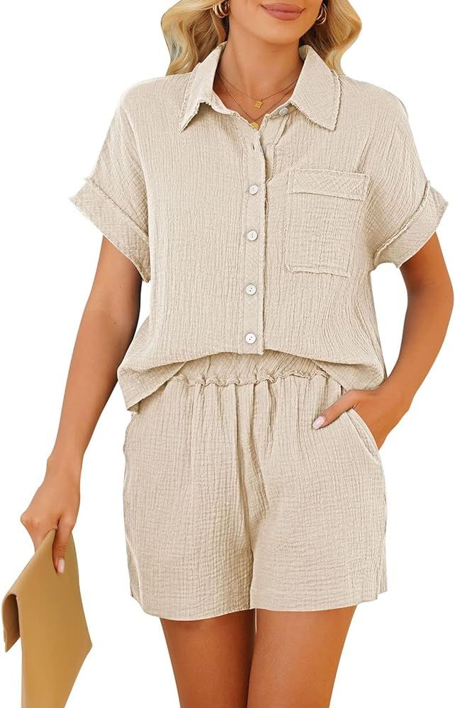 Fixmatti Women 2 Piece Linen Outfits Short Sleeve Button Down Blouse and Shorts Sweatsuit Set | Amazon (US)