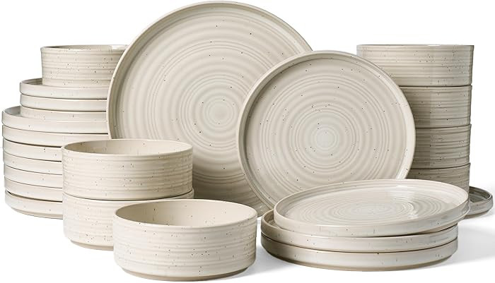 Stoneware Dinnerware Sets, Dish Set for 8, 24 Pieces Spiral Dishware Set with Straight Rim, Speck... | Amazon (US)