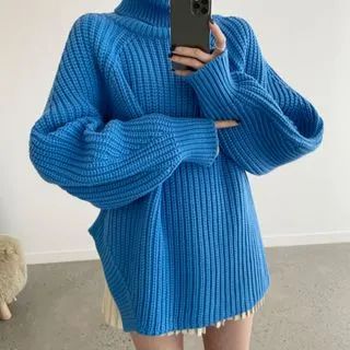 Turtleneck Side-Slit Chunky Knit Sweater | YesStyle Global