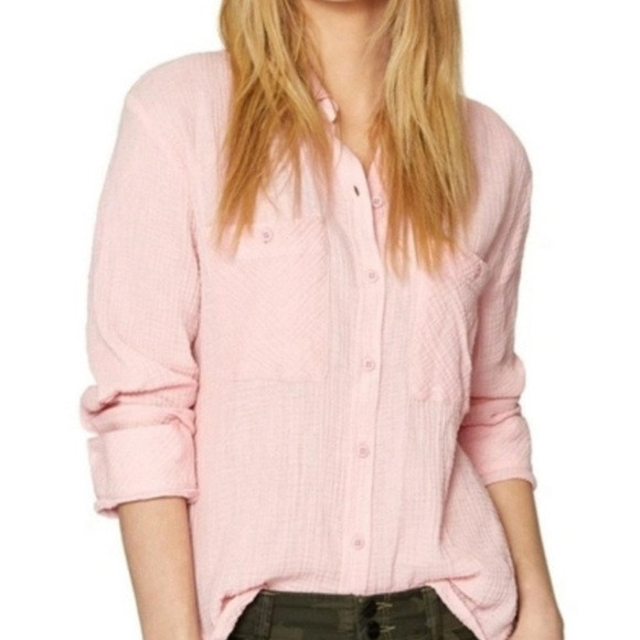 Sanctuary Boyfriend Button Down Shirt Pink Waffle Knit Roll Tab Medium M collar | Poshmark