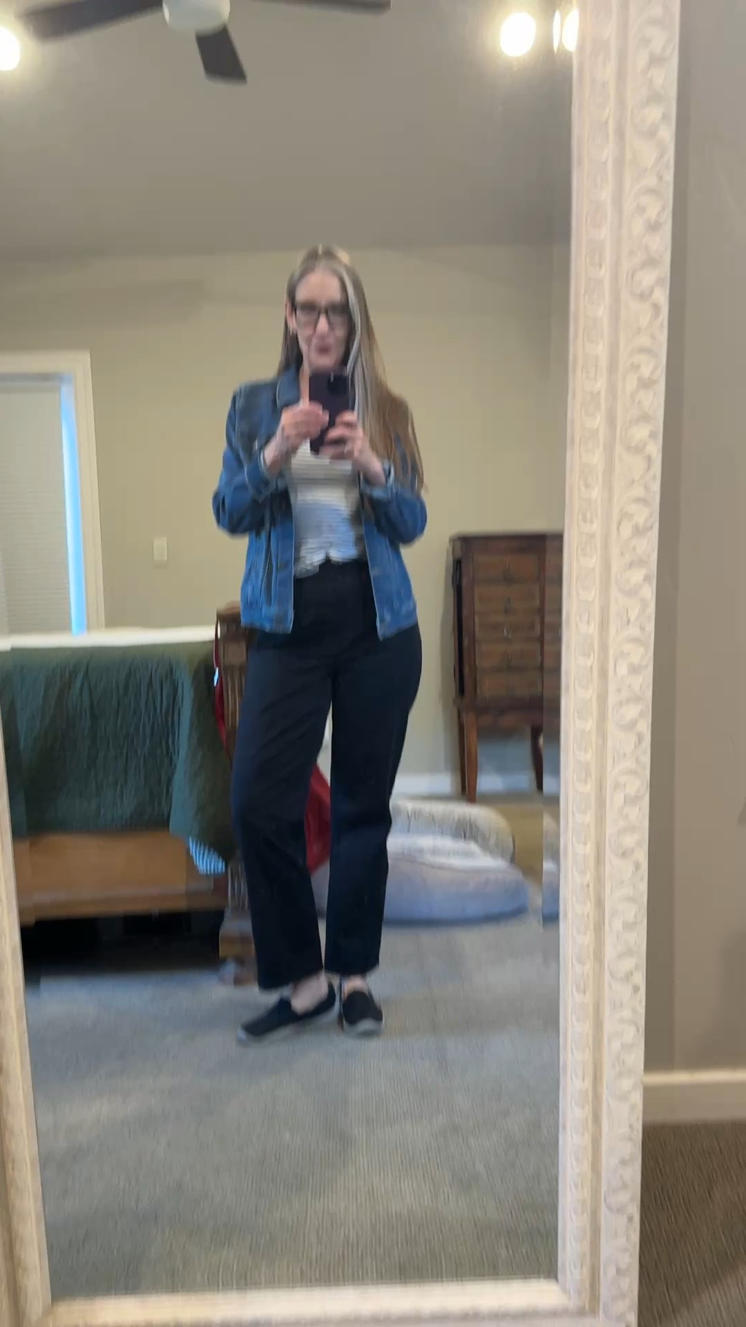 Teacher ootd, casual work ootd, denim jacket, black jeans, comfortable sneakers … simple capsule wardrobe pieces. 

#LTKWorkwear #LTKMidsize #LTKOver40