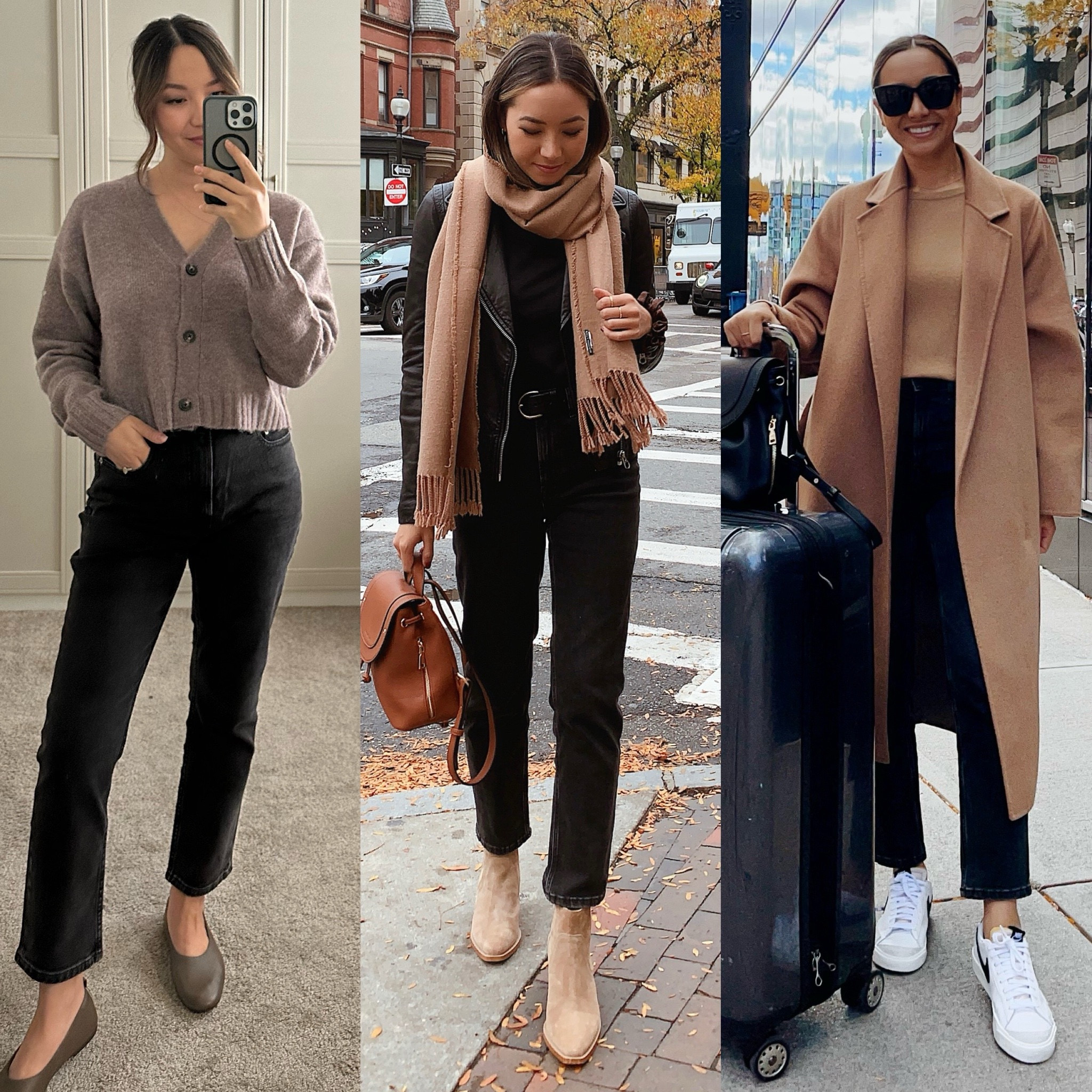 Capsule series: styling ankle jeans for fall 

everlane original cheeky jeans tts - ‘washed black’ 
Quince cardigan 
Madewell leather jacket 
Mango camel coat xs
Everlane flats 
Boots 
Nike sneakers 

#LTKStyleTip #LTKSeasonal