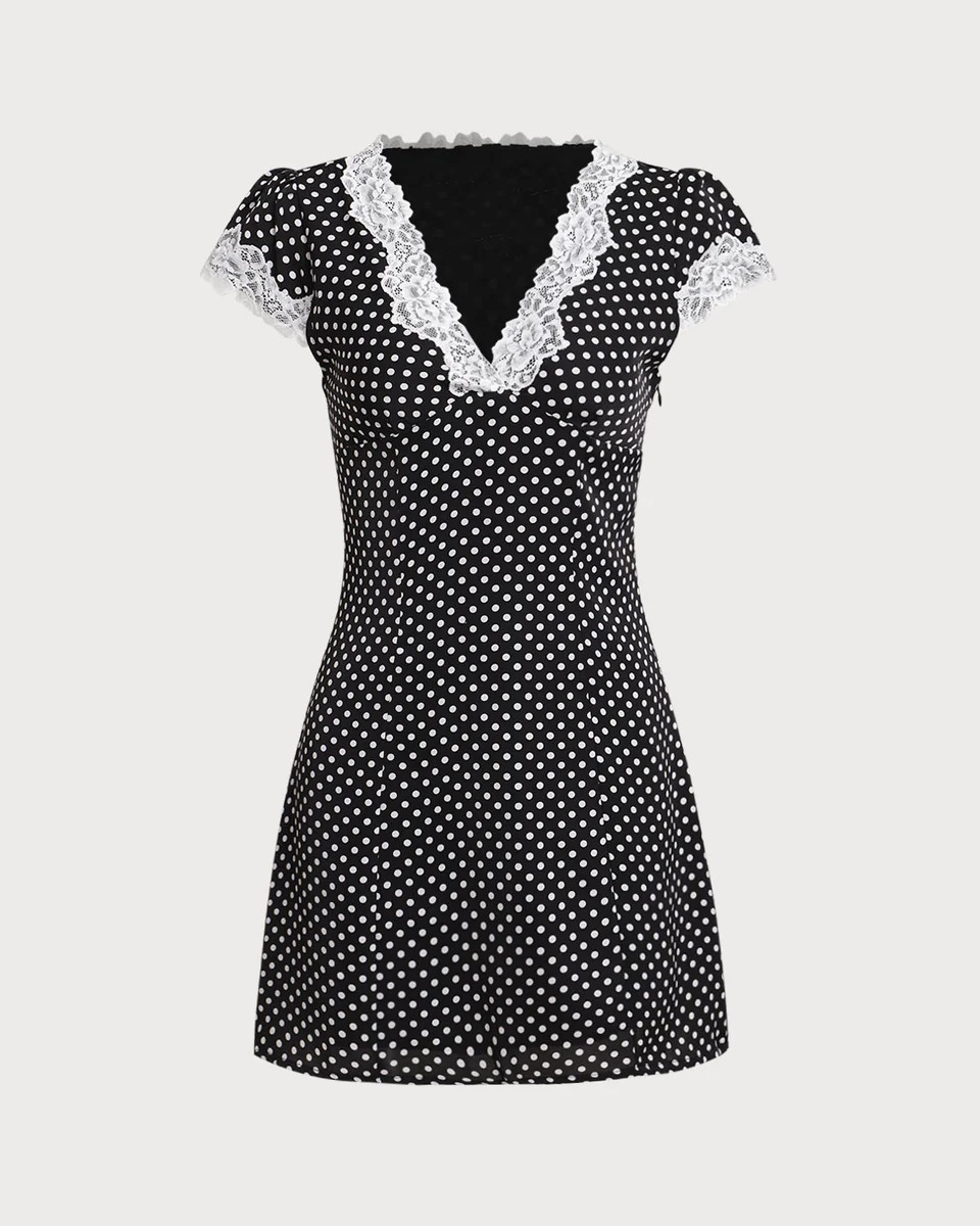 Black Polka Dot V Neck Lace Mini Dress | rihoas.com