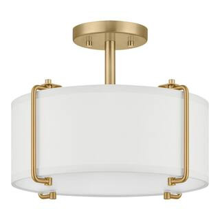Brookley 14 in. 2-Light Brushed Gold Semi-Flush Mount with White Fabric Shade | The Home Depot