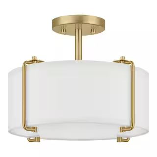 Brookley 14 in. 2-Light Brushed Gold Semi-Flush Mount with White Fabric Shade | The Home Depot