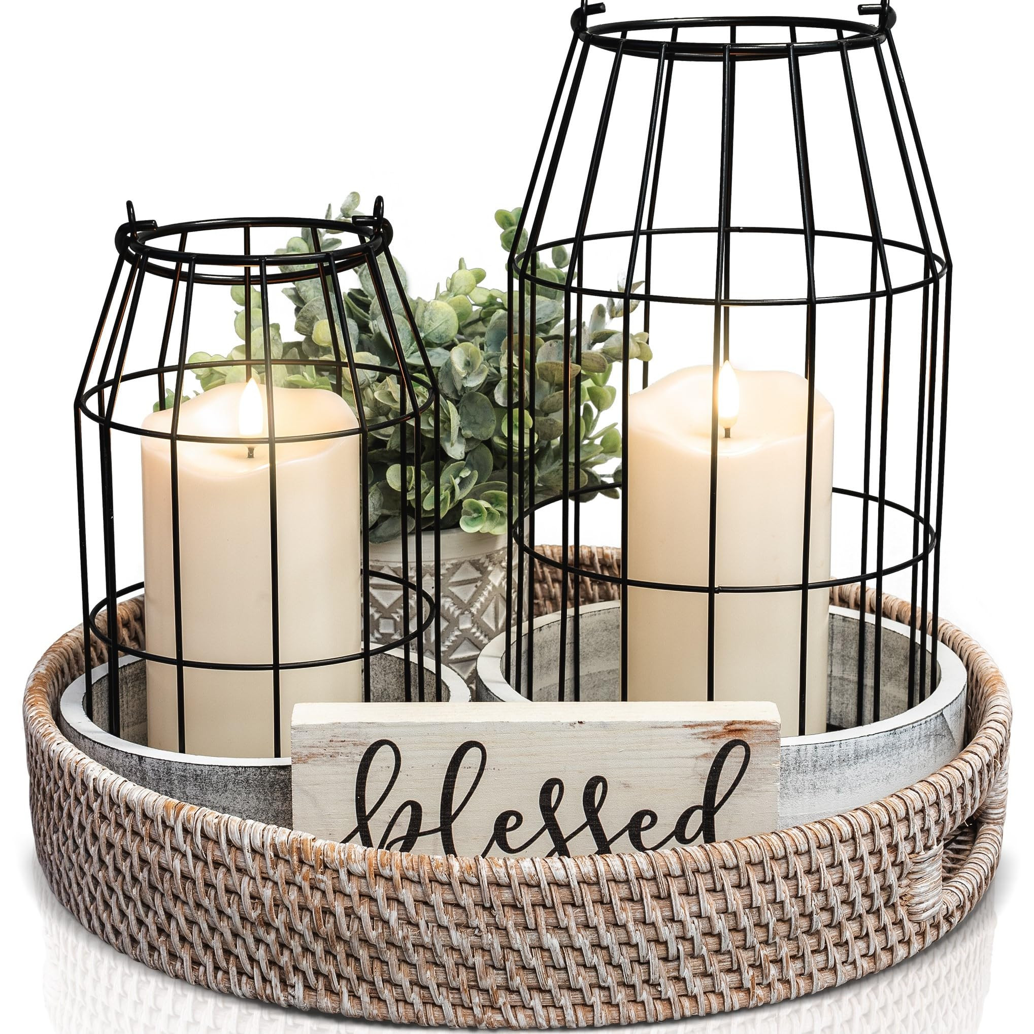 Rustic Farmhouse Lantern Decor Set of 2 - Stylish Decorative Lanterns for Your Living Room, Fireplace Mantle or Kitchen Dining Table - Modern Upscale Beauty for Your Entire Home | Amazon (US)