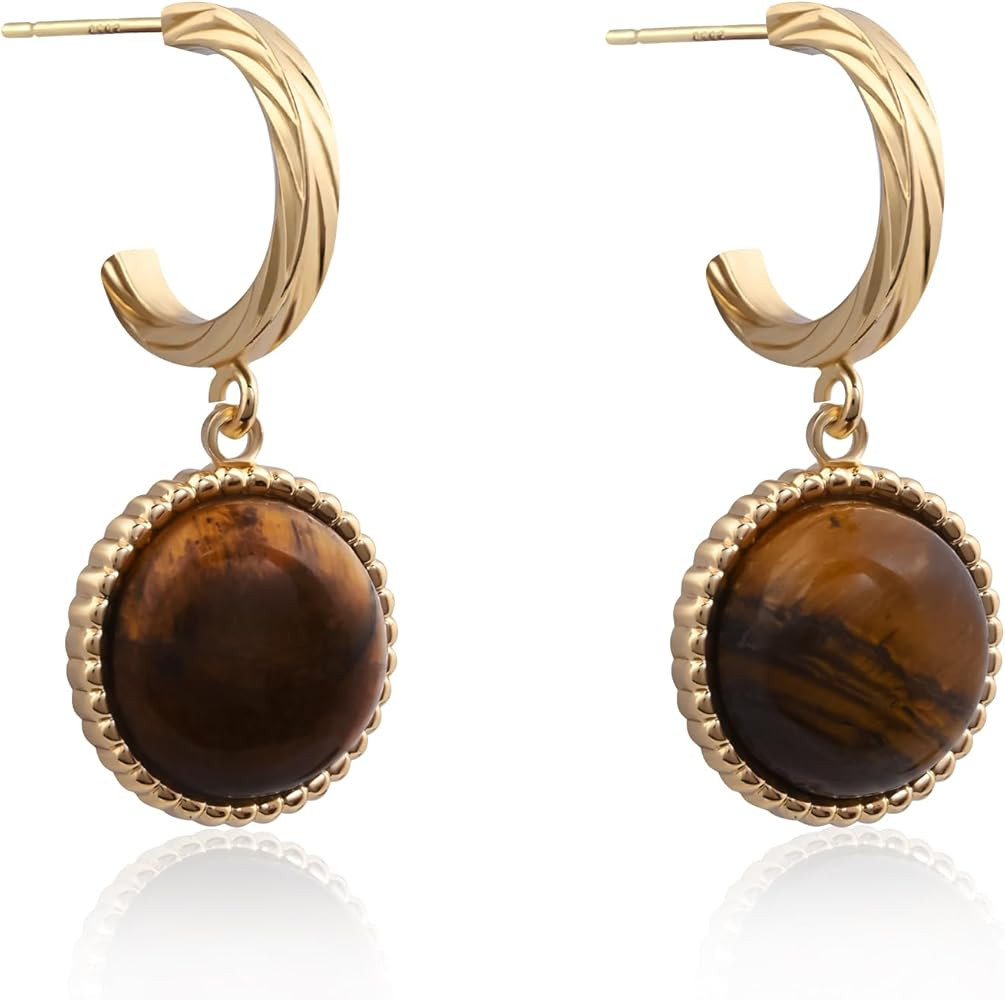 14k Gold Plated Tiger Eye Earrings Dangle Earrings Half Open Hoop Large Drop for Fashion Jewelry | Amazon (US)