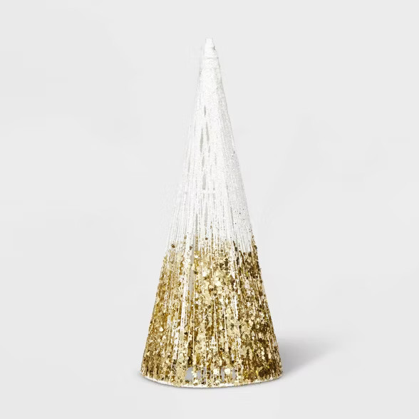 Small Glitter Ombre String Cone Christmas Tree Decorative Figurine White & Gold - Wondershop™ | Target