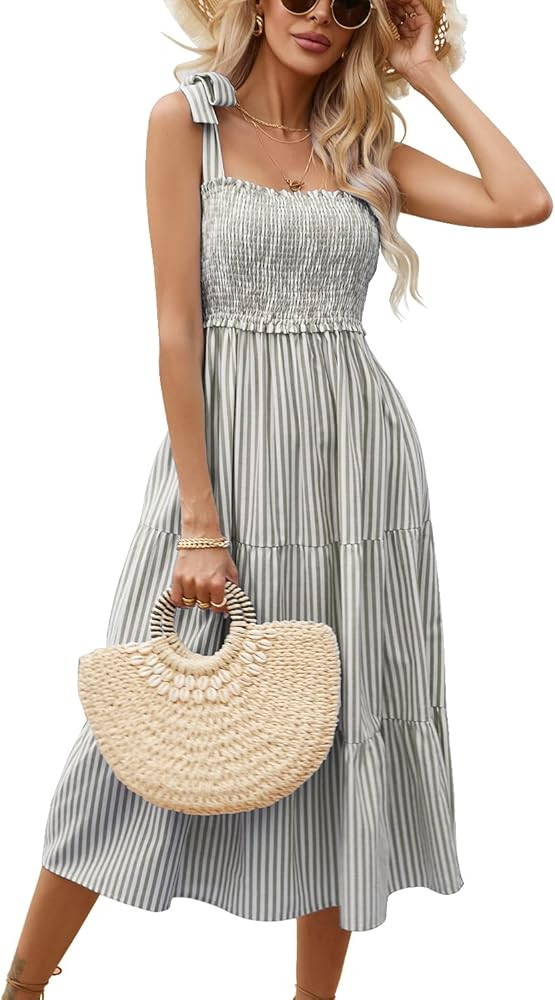 Sexyasasii 2023 Summer Spaghetti Strap Sun Dress Square Neck Tie Shoulder Striped Smocked A Line ... | Amazon (US)