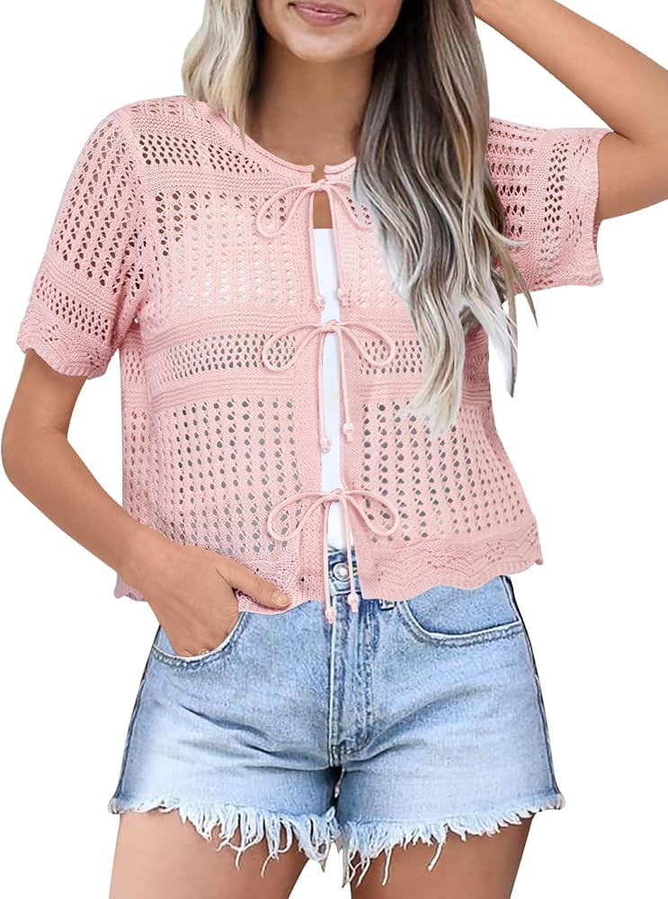 Womens Tie Front Cardigan Short Sleeve Summer Sweater Crochet Cropped Tops Casual Cover Up | Amazon (US)