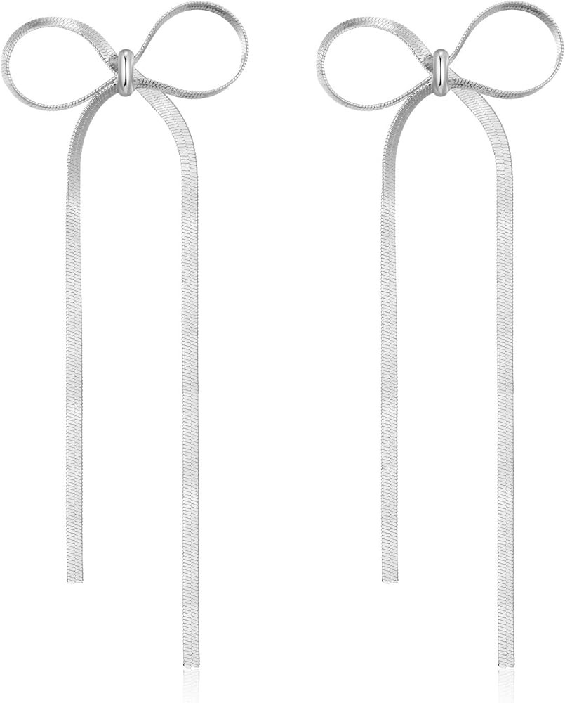 Kesaplan Gold Statement Bow Earrings 925 Sterling Silver Bow Dangly Earrings Cute Sparkly Earring... | Amazon (US)