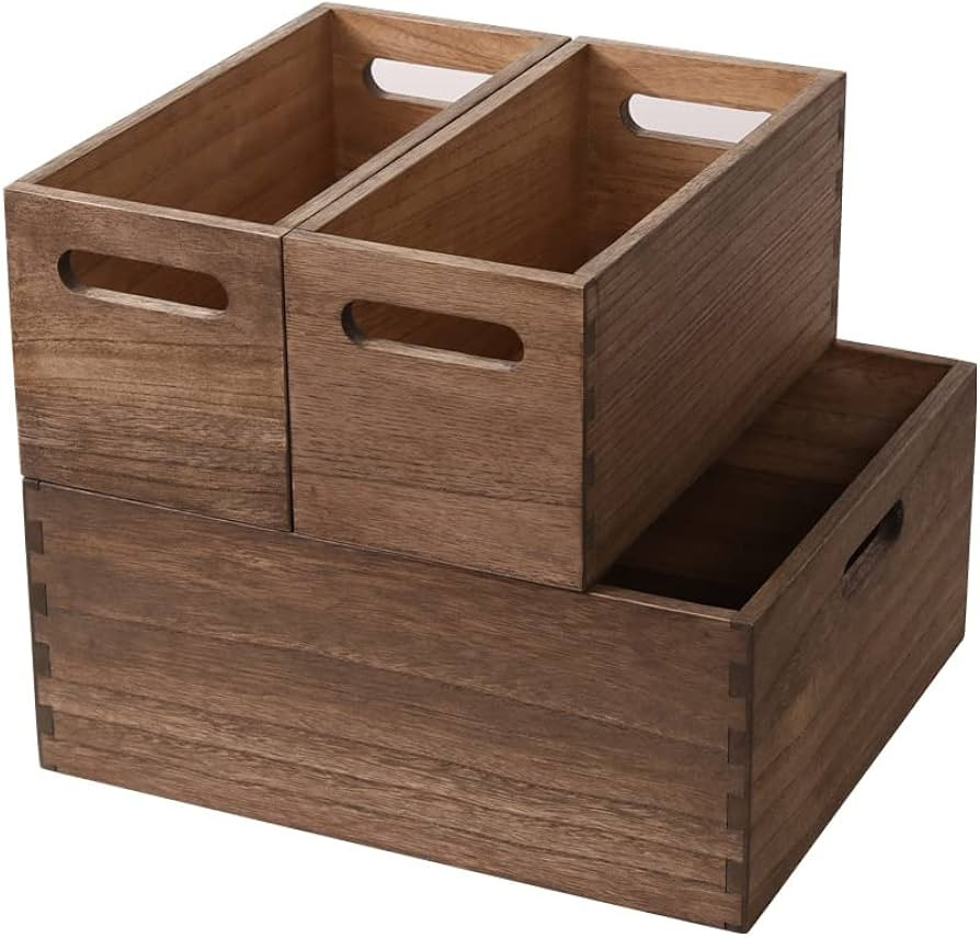 Stackable Storage Bins for Closet Bookshelf (3pack)- Decorative Wooden Storage Basket Cube with H... | Amazon (US)