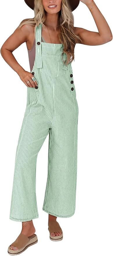 PRETTYGARDEN Overall Jumpsuit For Women 2024 Summer Casual Wide Leg Sleeveless Button Striped Jum... | Amazon (US)