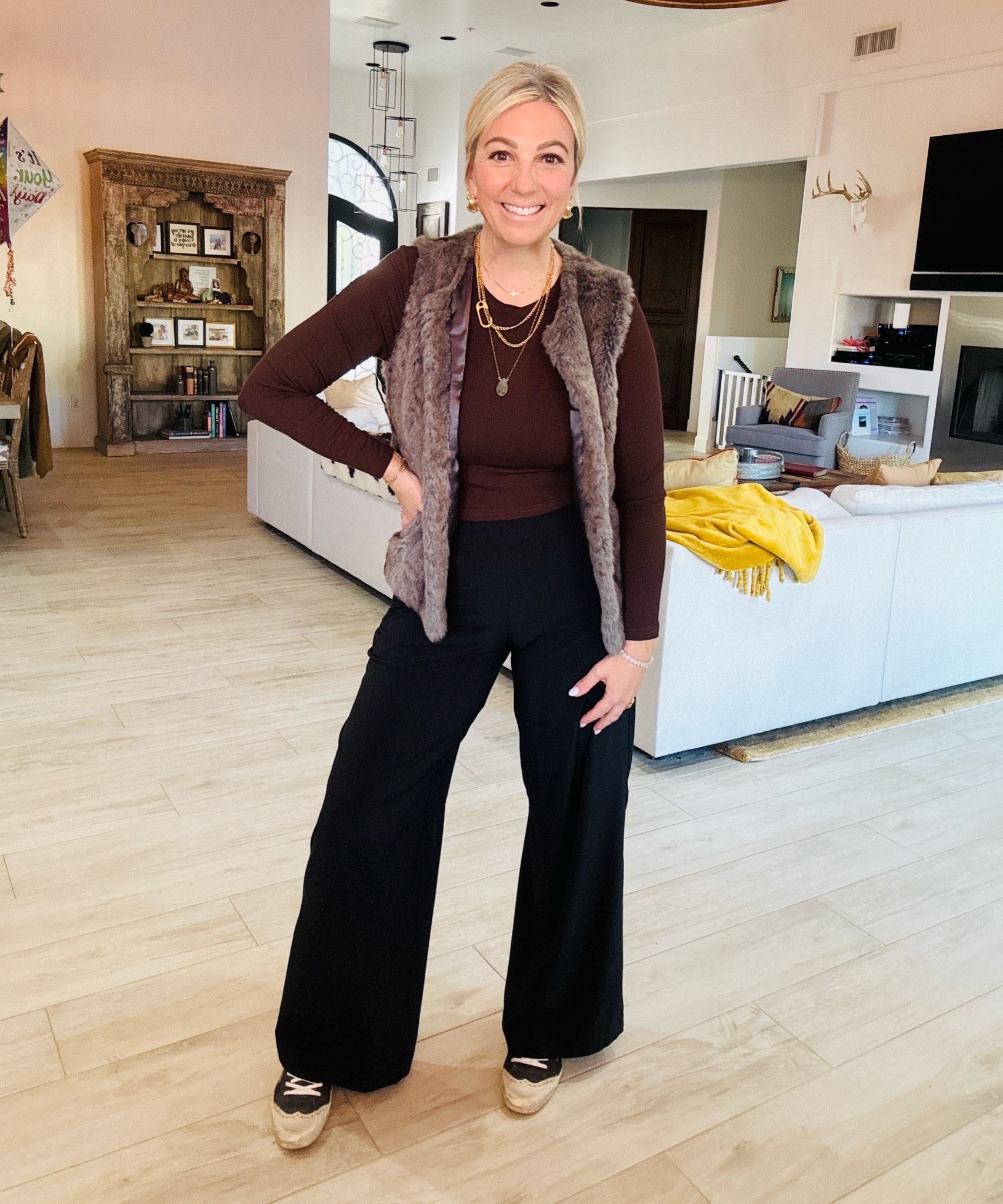Let’s style  texture and dimension with one of our favorite color combination - brown & black  🤎🖤 ribbed top, polyester pants, faux fur vest!! 🐻 Necklaces by Rad & Rae

#LTKOver40 #LTKStyleTip #LTKMidsize