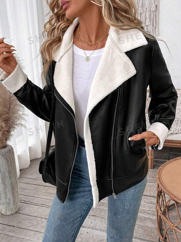 SHEIN LUNE Women Casual Solid PU & Fuzzy Lining Jacket, Autumn & Winter | SHEIN