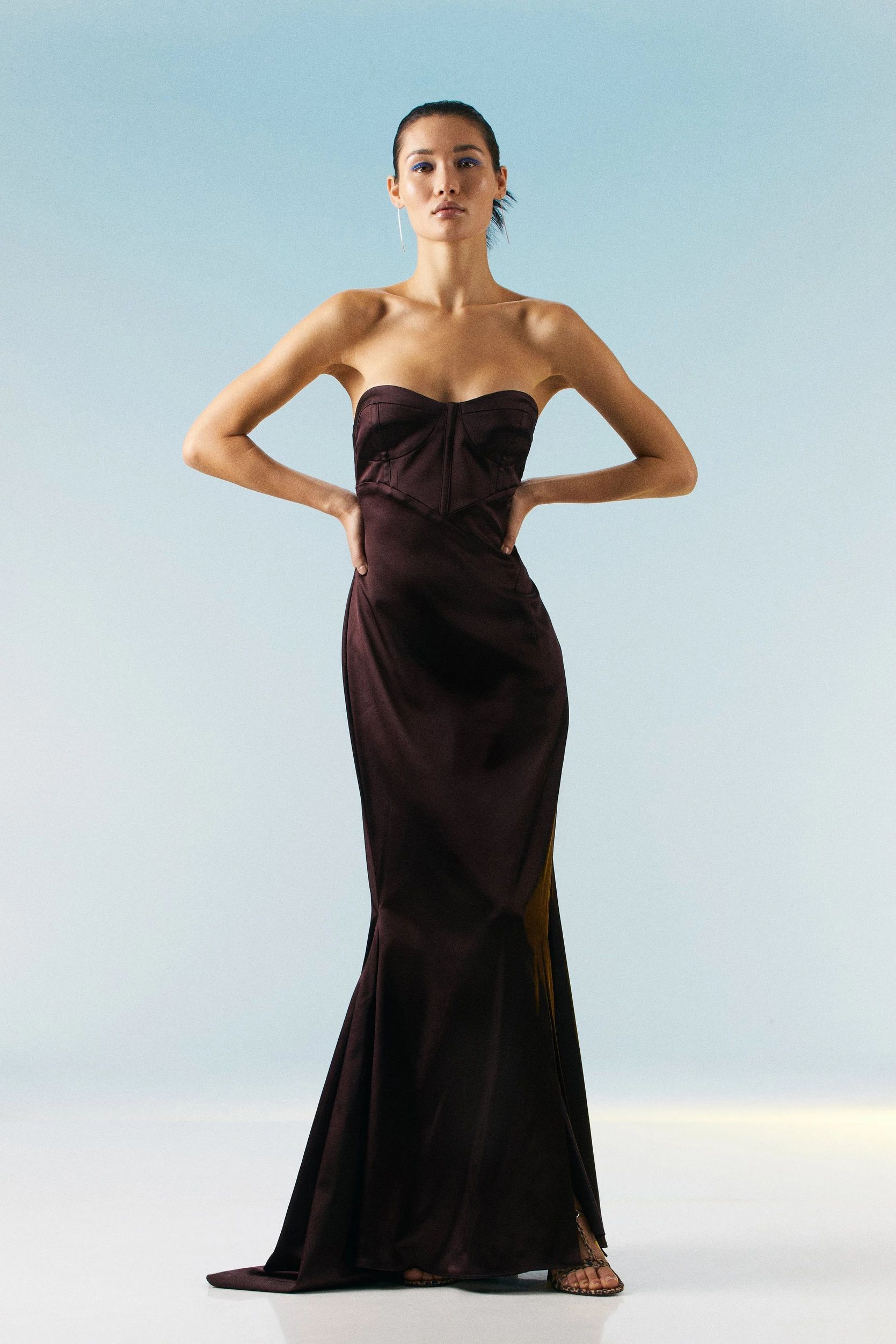 Italian Structured Satin Bandeau Maxi Dress | Karen Millen US