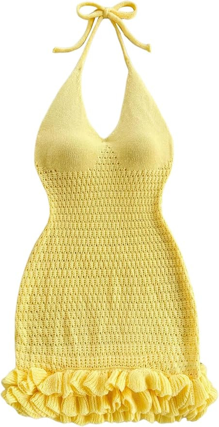 GORGLITTER Women's Crochet Halter Knit Bubble Backless Dresses Summer Vacation Festival Cruise Ha... | Amazon (US)