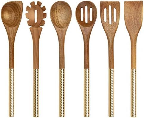 Country Kitchen 6 Piece Utensil Set - Acacia Wooden Heads with Gold Stainless Steel Handles for S... | Amazon (US)