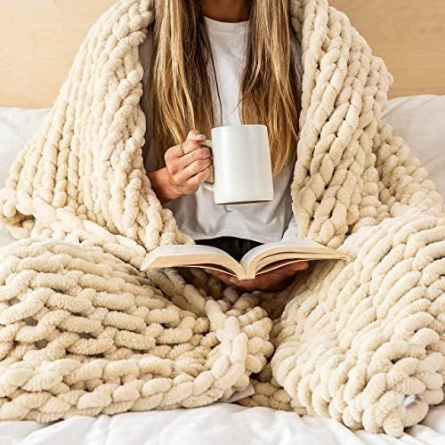 Chunky Knit Blanket by SAMIAH LUXE 50x60 Buttercream - Beige Luxury Chenille Blanket for Farmhous... | Amazon (US)