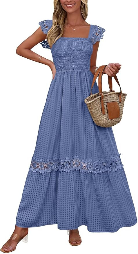 PRETTYGARDEN Women's Smocked Summer Maxi Dresses 2025 Ruffle Cap Sleeve Square Neck Lace Detail F... | Amazon (US)