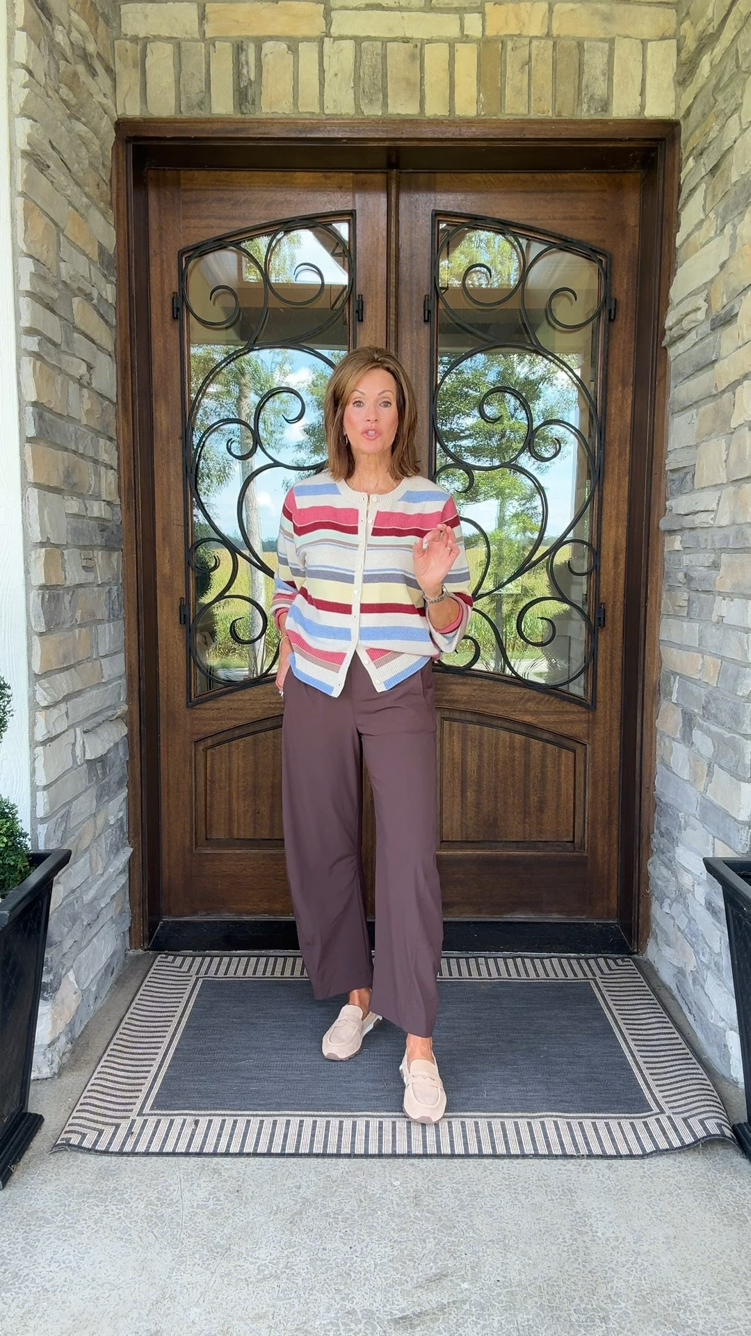 Striped Cardigan- large 
Ugh!!! It’s sold out in stripe but available in solids 
Barrel pants - 6 long available in petite & regular 
Sneaker loafers - size 41

Fall style 
Travel style

#LTKTall #LTKMidsize #LTKTravel