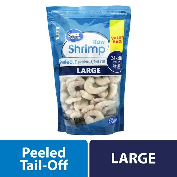 Great Value Frozen Raw Large Peeled & Deveined, Tail-off Shrimp, 2 lb (31-40 Count per lb) | Walmart (US)