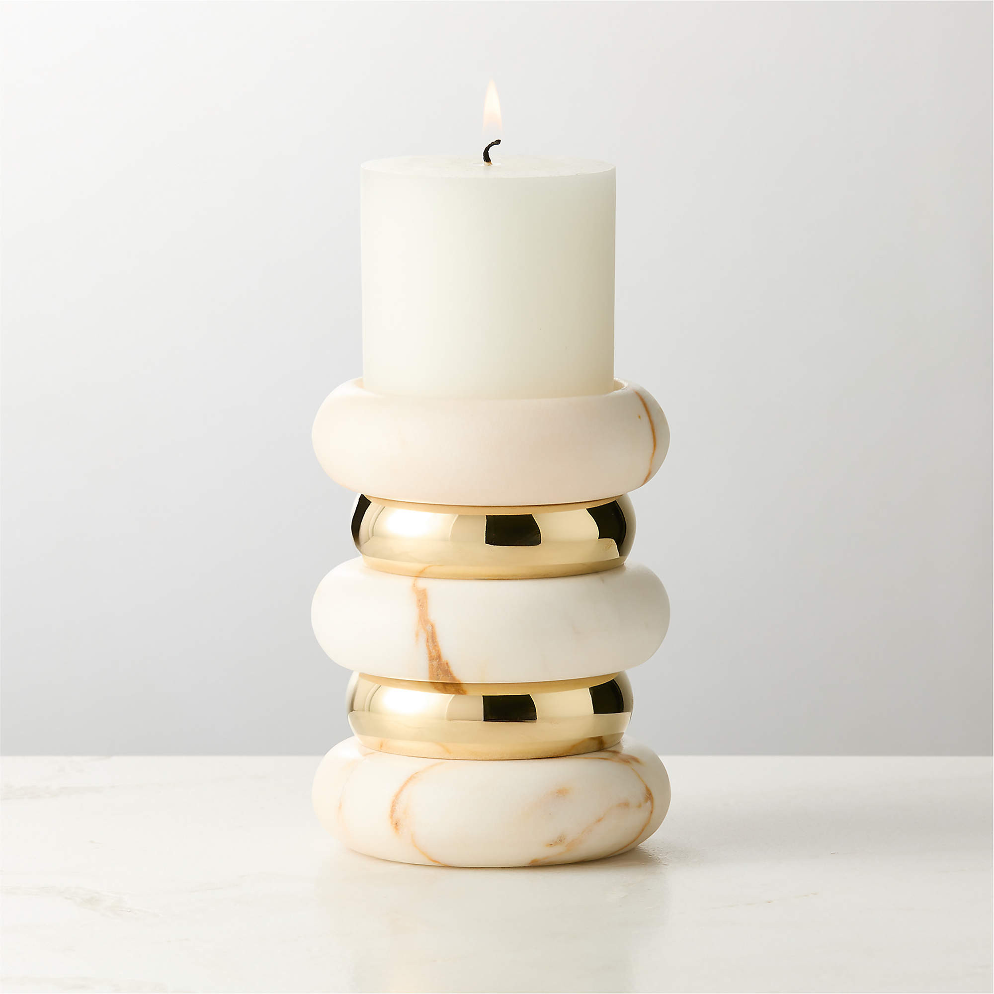 Band Golden Calacatta Marble And Unlacquered Brass Pillar Candle Holder Small + Reviews | CB2 | CB2