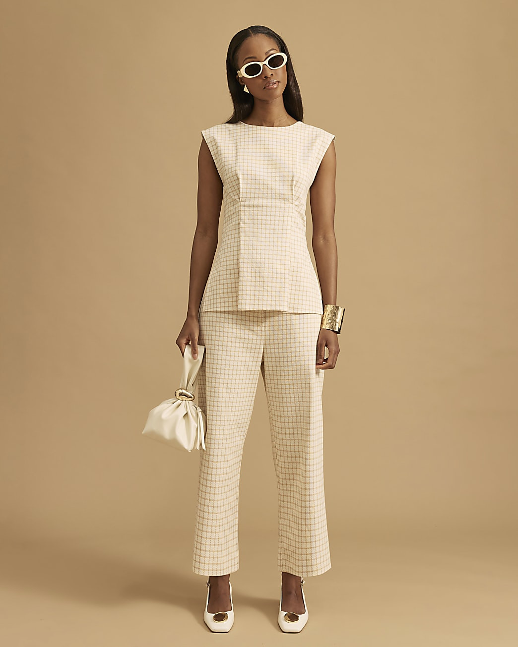 Cream Tailored Darted Check Tunic Top | River Island UK & IE