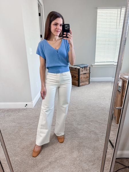 Spring #ootd | Cashmere sweater, high rise wide leg white jean, woven flats 

#LTKstyletip