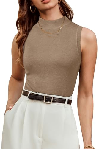 Arach&Cloz 2026 Womens Cashmere Sweater Tank Tops Summer Fall Sleeveless Vest High Mock Neck Soft Stretchy Cute Fashion Dressy Business Casual Teacher Outfits Trendy Knit Slim Work Clothes Camel L | Amazon (US)