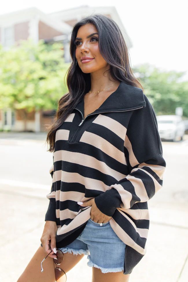 Pulling Heartstrings Black And Tan Striped Quarter Zip Pullover | Pink Lily