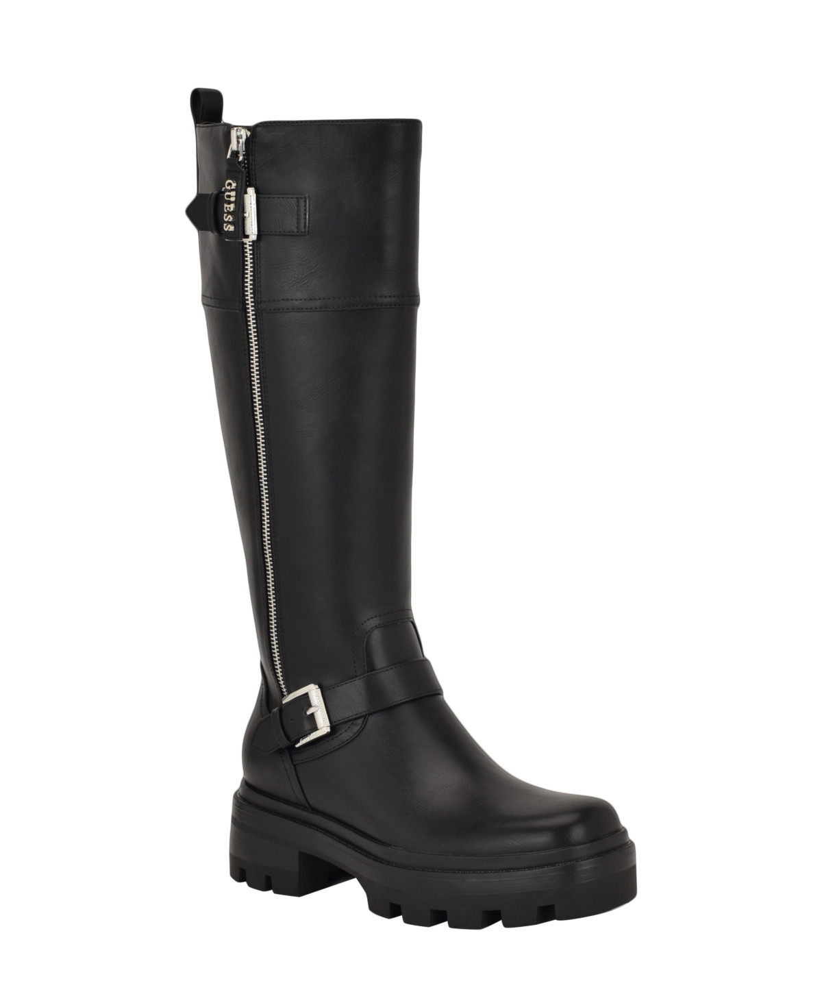 Guess Women's Lynnie Wide Calf Tall Buckle Moto Lug Boots - Black | Macy's