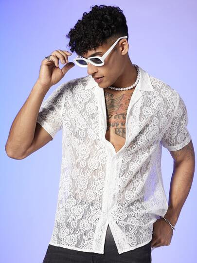 SHEIN Men Lapel Collar Lace Shirt | SHEIN