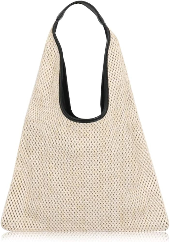 QTKJ Hand-woven Straw Shoulder Bag Boho Black Leather Top Handle Tote Retro Summer Beach Bag Holi... | Amazon (US)
