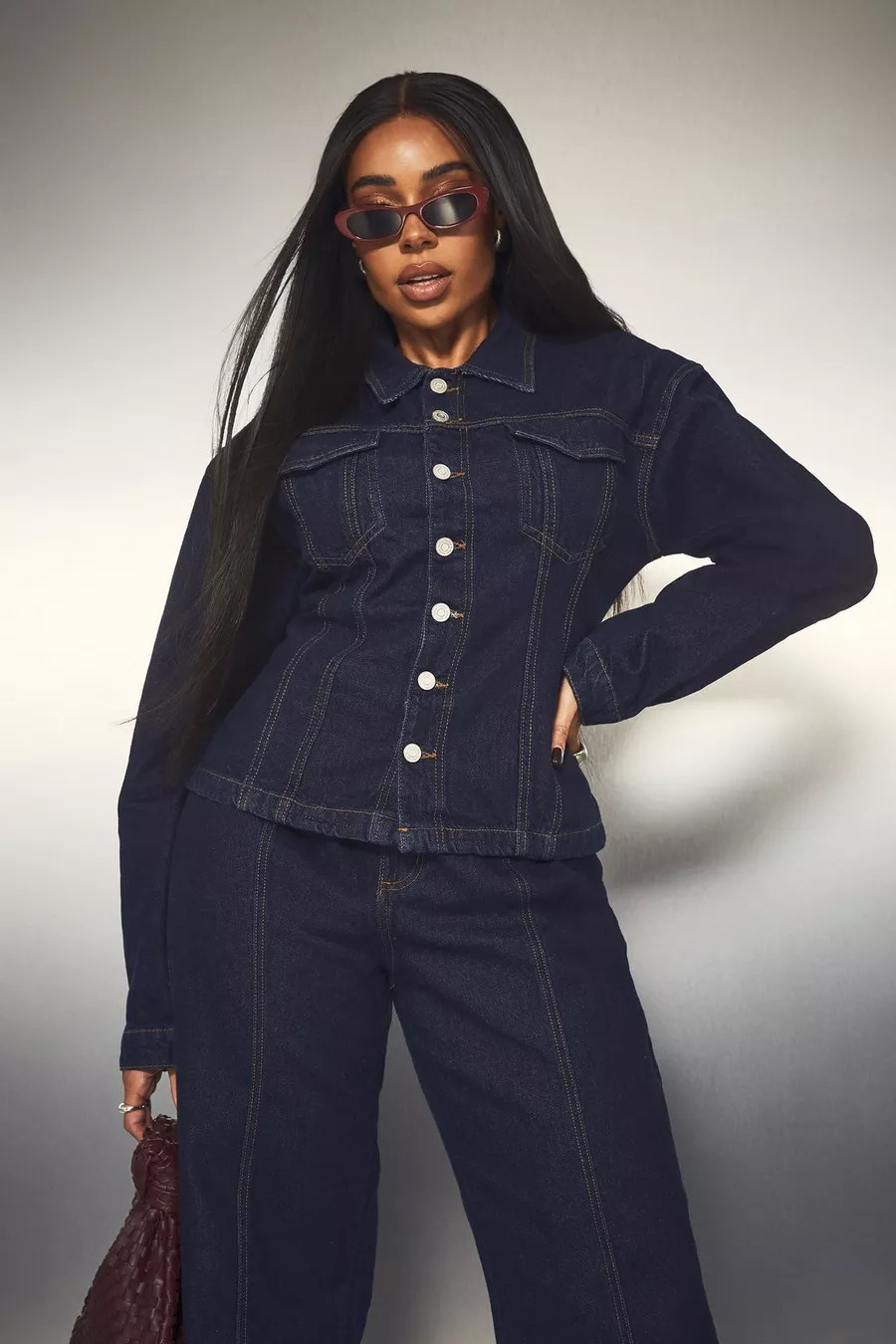 Plus Cinched Waist Contrast Stitch Raw Indigo Denim Jacket | Boohoo.com (UK & IE)