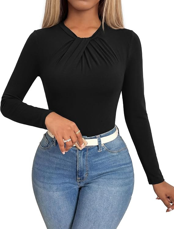 KIRUNDO Long Sleeve Tops for Women Business Casual Outfits Slim Fitted Knit Twist Knot Work Offic... | Amazon (US)