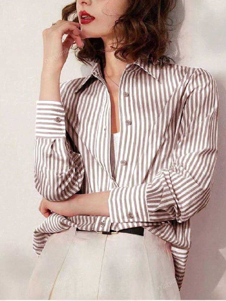 Chic Striped Loose Blouse, Commuter Style Embroidered Letter Turn-Down Collar Long Sleeve Shirt, Spring/Summer/Autumn | SHEIN