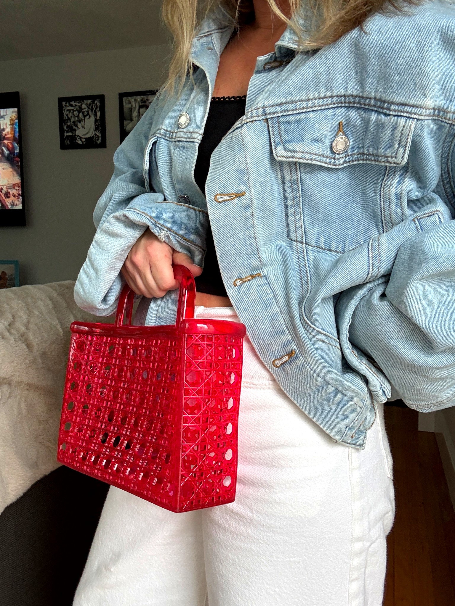 The red jelly bag tho! Structured and looks fancier than the price! Pop of red. Oversized light denim jacket 
Bag comes in clear light blue and deep brown! 

#LTKFestival #LTKgrwm #LTKSaleAlert