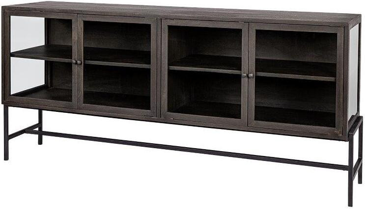 Arelius Black-Brown Wood And Black Metal Base With 4 Glass Cabinet Doors Sideboard | 1stopbedrooms