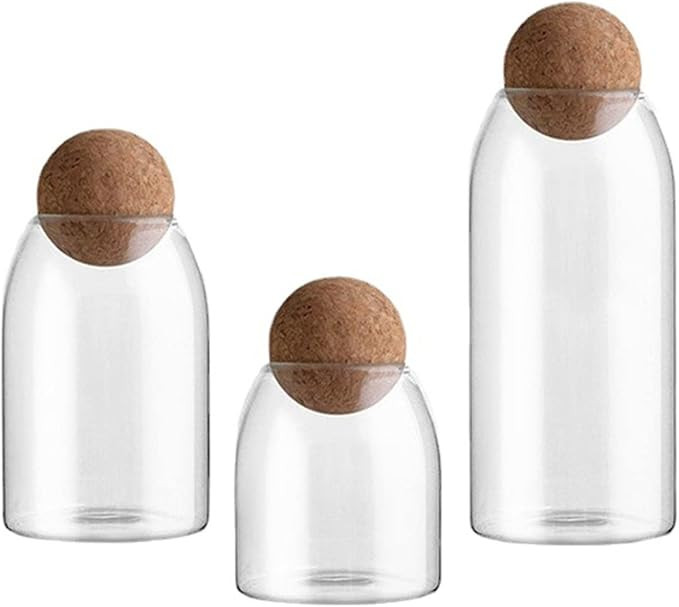 Glossy Glass Jars with Cork Lids Set of 3, Vintage Glass Bottles with Wooden Cover Lids, Storage ... | Amazon (US)