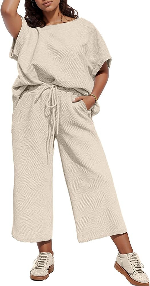 UOUA Womens Plus Size Sweatsuit 2 Piece Outfits Summer Short Sleeve Tops Wide Leg Pants Tracksuit... | Amazon (US)