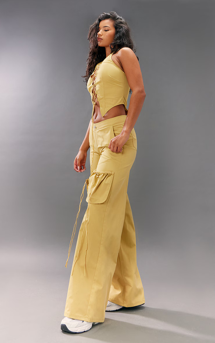 Mustard Pocket Detail Halterneck Lace Up Cargo Jumpsuit | PrettyLittleThing US