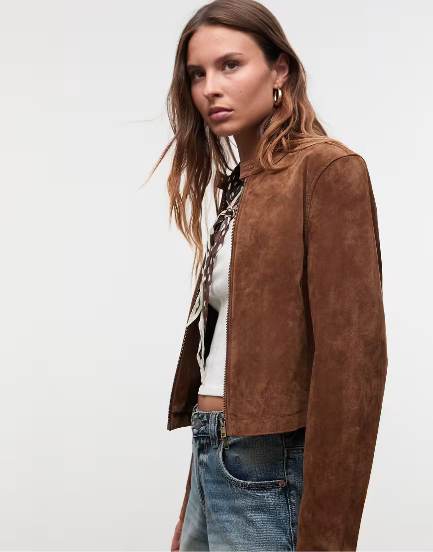 Stradivarius 100% leather cropped jacket in brown | ASOS (Global)