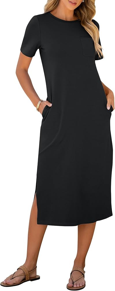 ANRABESS Womens Summer Casual Midi Dress Short Sleeve Crewneck T Shirt Long Dresses Split Stripe ... | Amazon (US)