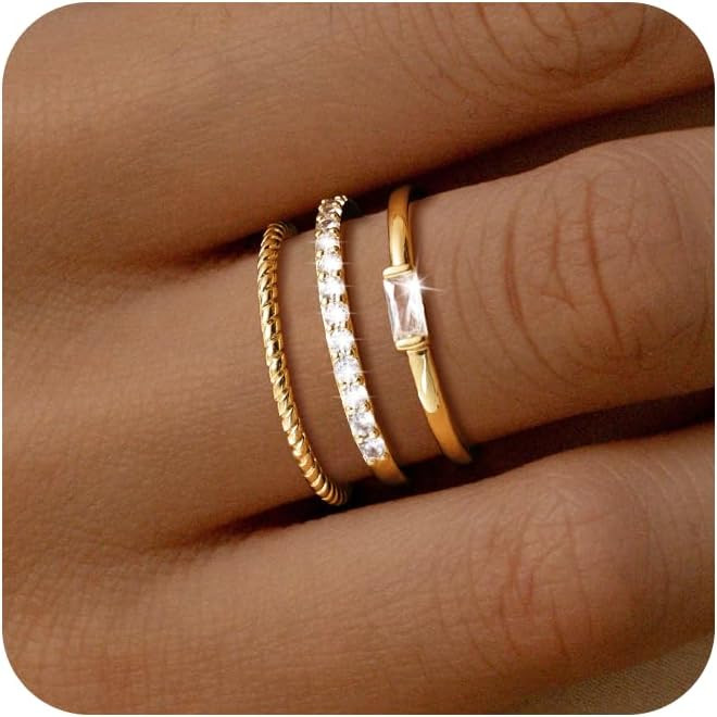 Moodear 3PCS Gold Rings for Women, Non Tarnish Wedding Bands Stackable Thin Rings for Women Cubic... | Amazon (US)