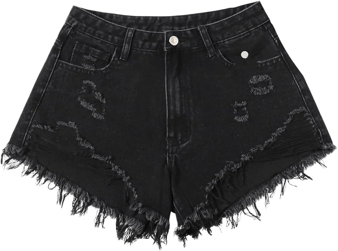 SweatyRocks Women's High Rise Zip Up Ripped Raw Hem Denim Jean Shorts with Pocket | Amazon (US)