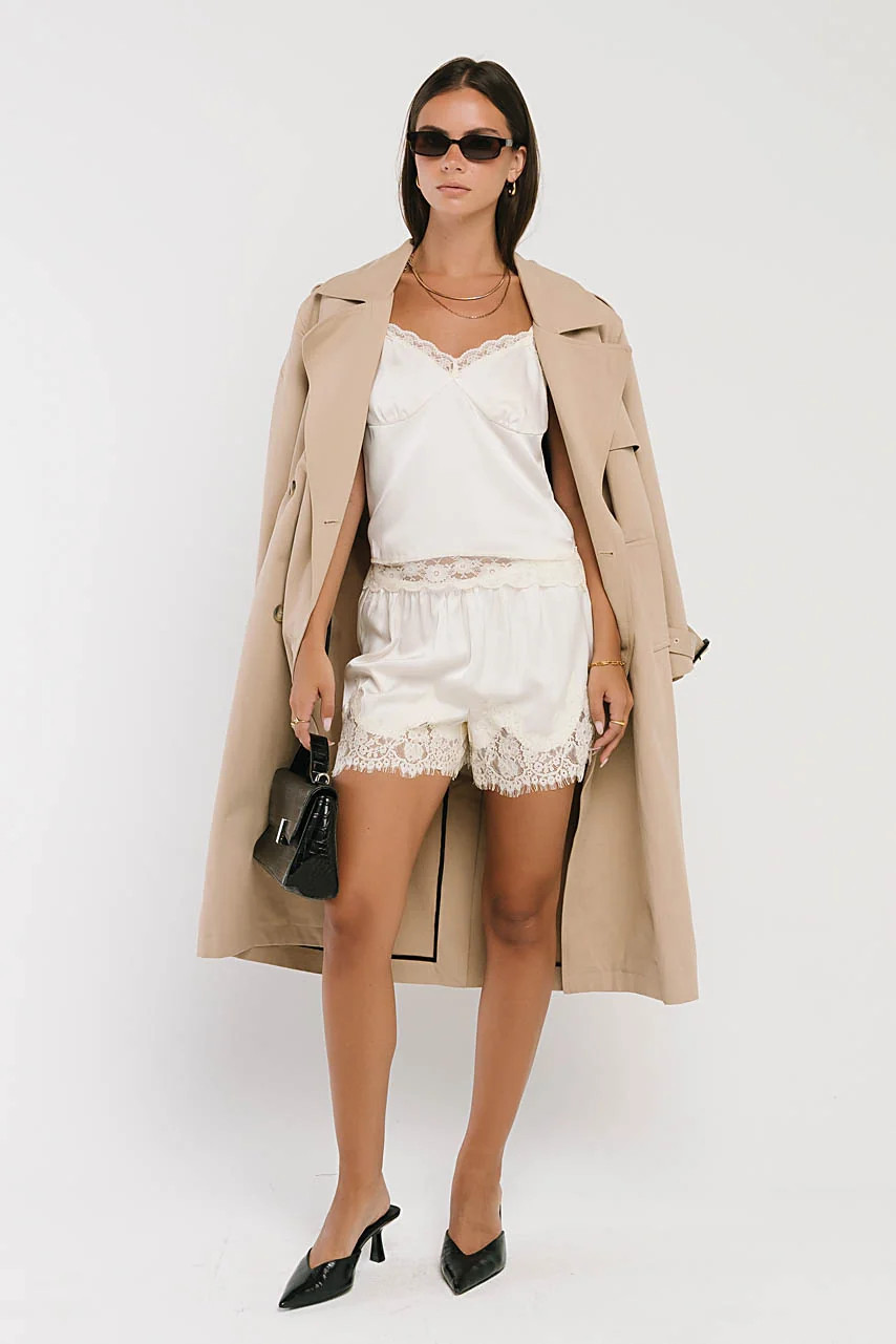 Bricelyn Lace Trim Satin Shorts in Cream | Böhme US