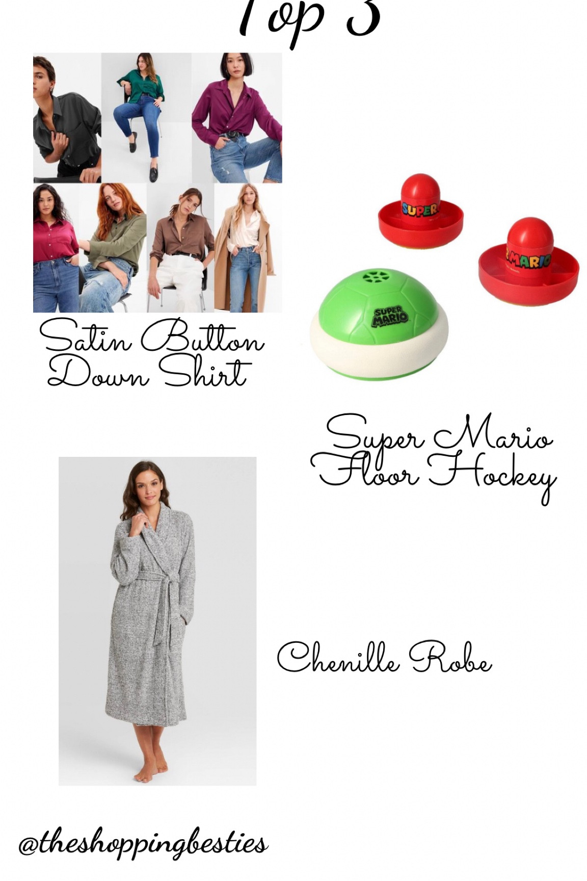 The top 3 most popular items from our Instagram for the week of October 31, 2022. Super Mario floor hockey, chenille robe, satin button-down

#LTKcurves #LTKkids #LTKunder50
